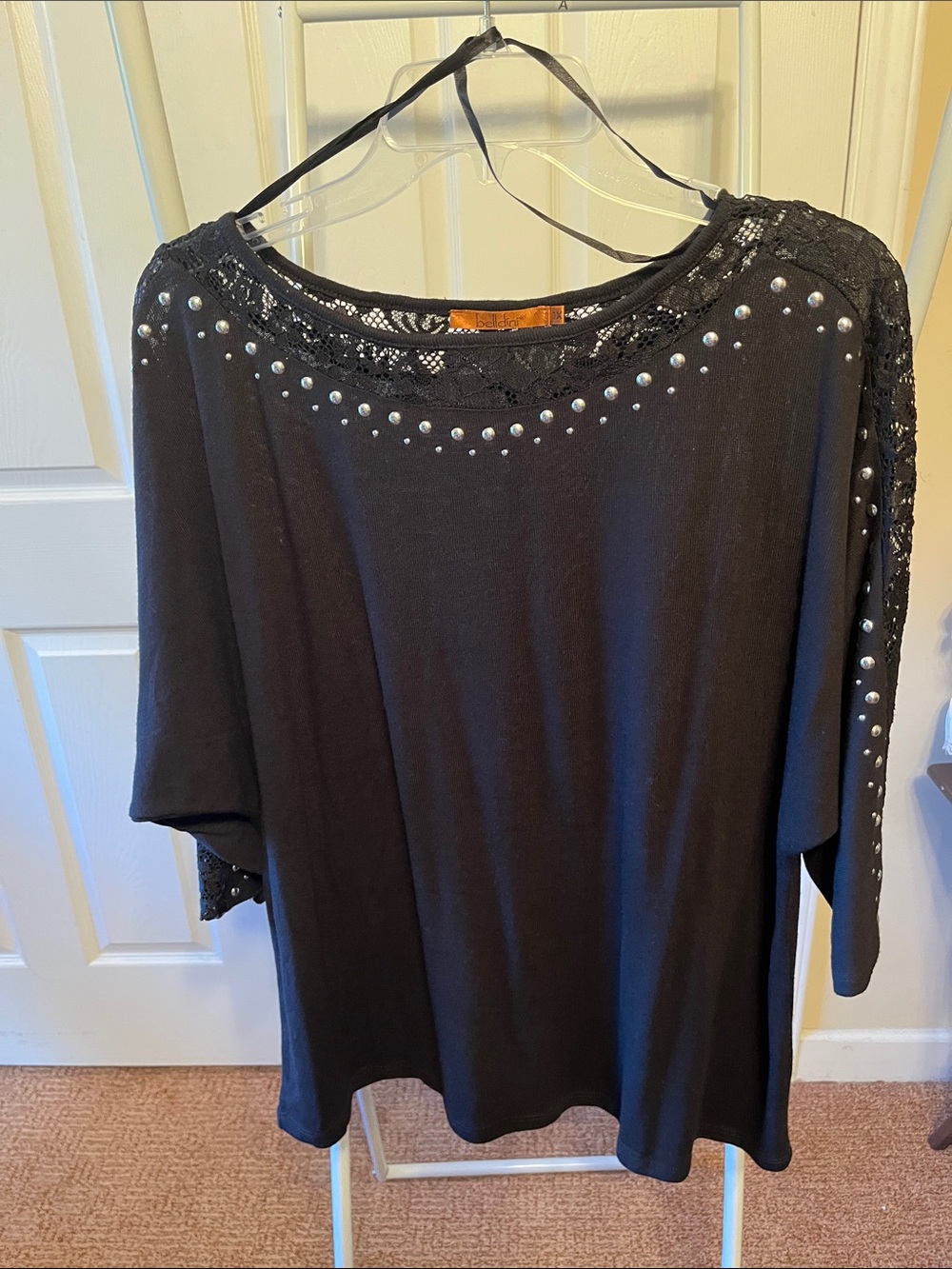 Belldini Black Lace-Trim Studded Short Sleeve Top PTP 30” lots of stretch L 27”